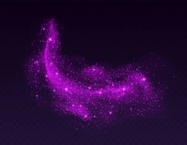 Parıltılı sihirli bulut, kıvılcımlı mor peri tozu. Cadı büyüsü için parlak bir sis. Karanlık bir arka planda parlayan alevleri olan kozmik toz. Vektör illüstrasyonu.