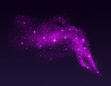 Parıltılı sihirli bulut, kıvılcımlı mor peri tozu. Cadı büyüsü için parlak bir sis. Karanlık bir arka planda parlayan alevleri olan kozmik toz. Vektör illüstrasyonu.