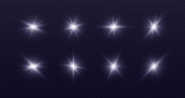 White lens flare, glowing star with rays, shiny flash spark, bright cosmic explosion isolated on black. Vector illustration.