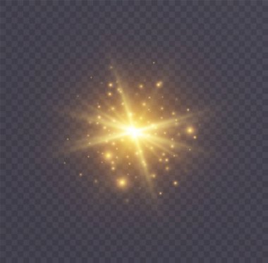 Star burst with sparkles, lens flare with particles, golden star explosion. Shining sun with fairy dust. Transparent vector light effect.