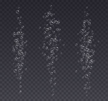 Su altında köpüren kabarcıklar, soda veya şampanya karbonatlı içecek, koyu bir arka planda izole edilmiş maden suyu. Fışkırtıcı bir içecek. Akvaryum, deniz, okyanus kabarcıkları vektör illüstrasyonu.