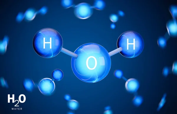 Su (H2O) molekülünün 3D modeli. İki hidrojen atomu ve bir oksijen atomu. 3B görüntüleme.
