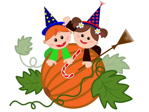 Children on the pumpkin — Stock Vector