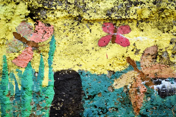 Parete di cemento pittura colorata con farfalle — Foto Stock