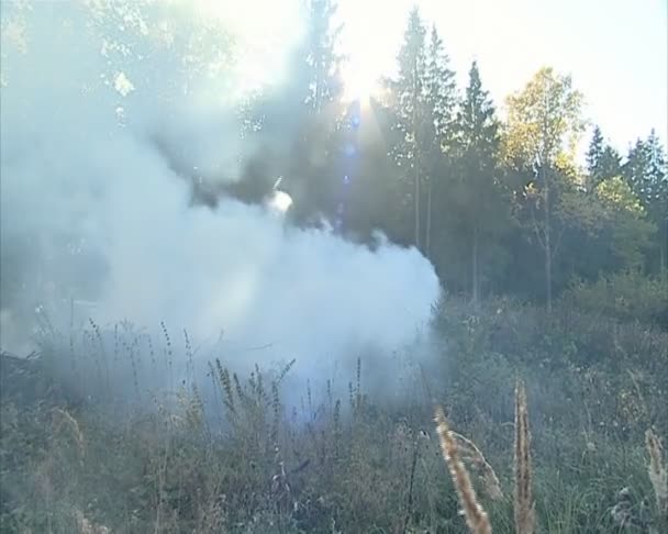 Vigile del fuoco in uniforme con il tubo tra le mani che combatte il fuoco . — Video Stock