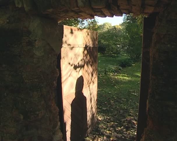 Slightly open door in ancient wall and shadow walking away. — Stock Video