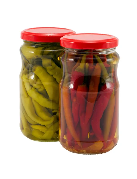 Ecologic peppers preserve in glass pots isolated — Stock Photo, Image