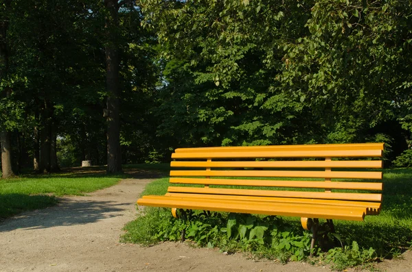 Sarı ahşap park bench kireç ağaçlar güneş ışığı — Stok fotoğraf