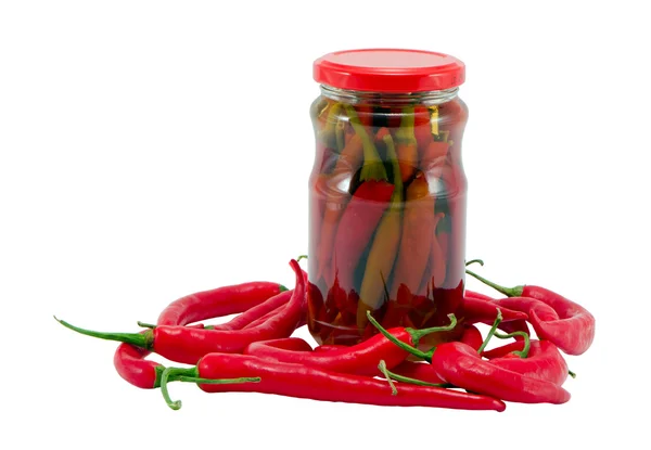 Red hot chilli pepper paprika preserve glass pot — Stock Photo, Image