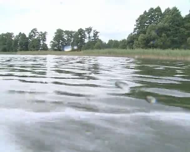 Agua del lago salpicando en la lente de la cámara filmada a bordo del barco a motor — Vídeo de stock