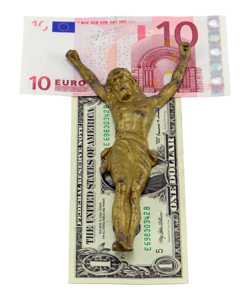 Konzept Gold Jesus kreuzigen Euro-Dollar isoliert — Stockfoto