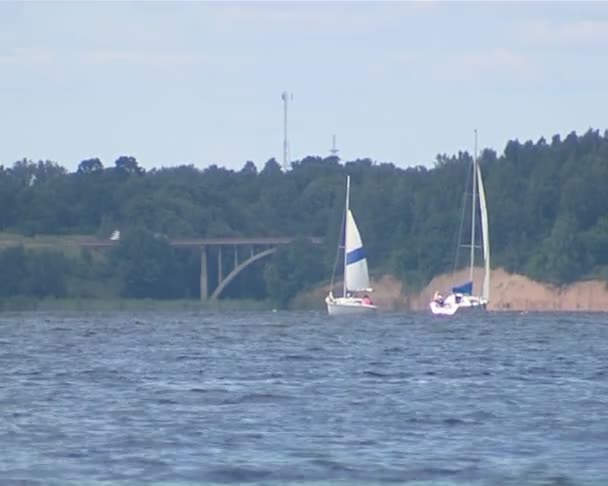 两个帆船游艇。您可以看到桥和汽车. — 图库视频影像