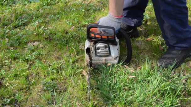 Adam çimenlerde chainsaw başlatın. ağaç odunları kesmek için bir araç — Stok video