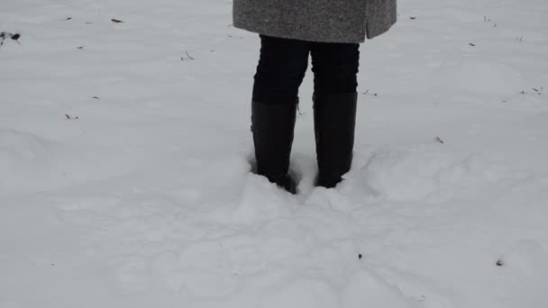 Нога женщины копает снег — стоковое видео