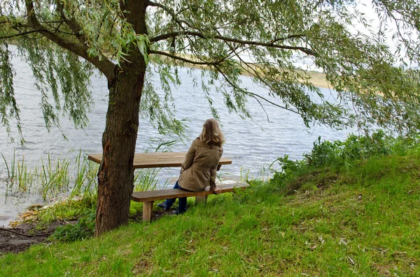 Frau sitzt Holzbank Weidenbaum bewundern See — Stockfoto