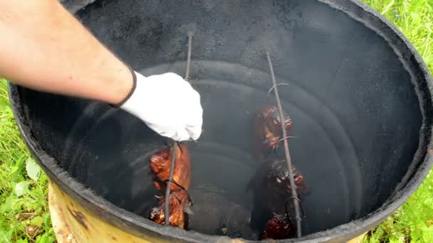 Hand glove smoked fish — Stock Video