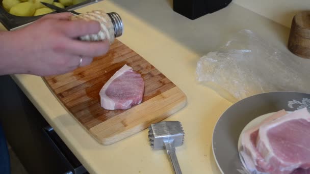 Meat piece curing beating — Stock Video