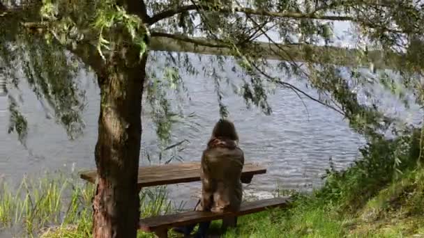 Femme banc de saule lac — Video