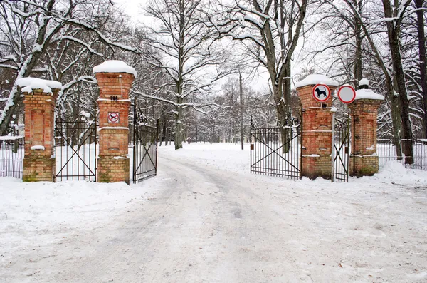 Ancient gates park dog car forbid signs winter — Stock Photo, Image