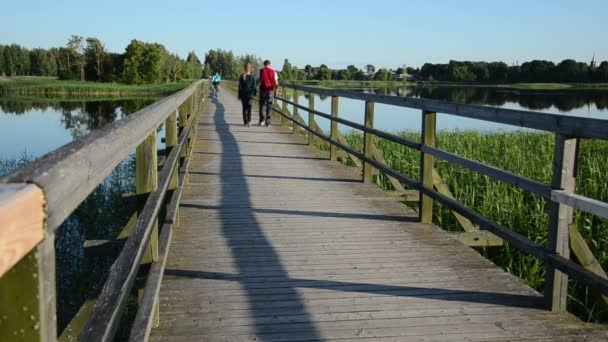 Couple promenade pont lac 