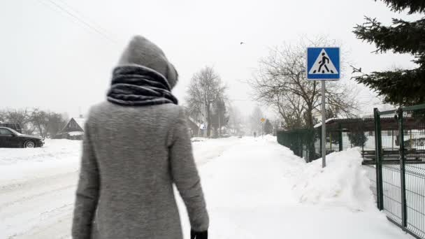 Kvinna korsa gatan vinter — Stockvideo