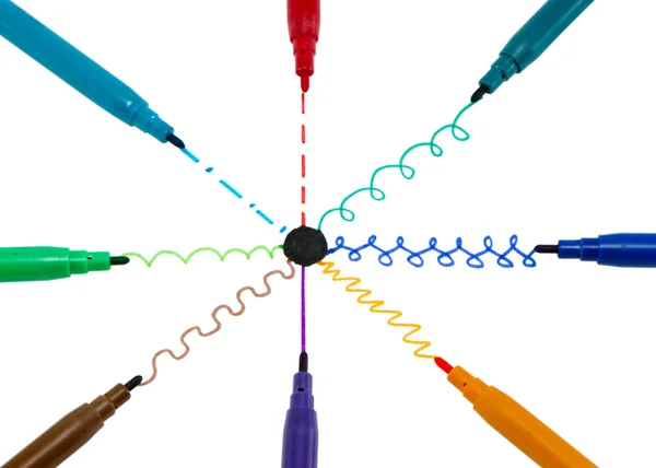 Zwarte stip centrum kromme verf lijnen voelde tip pennen — Stockfoto