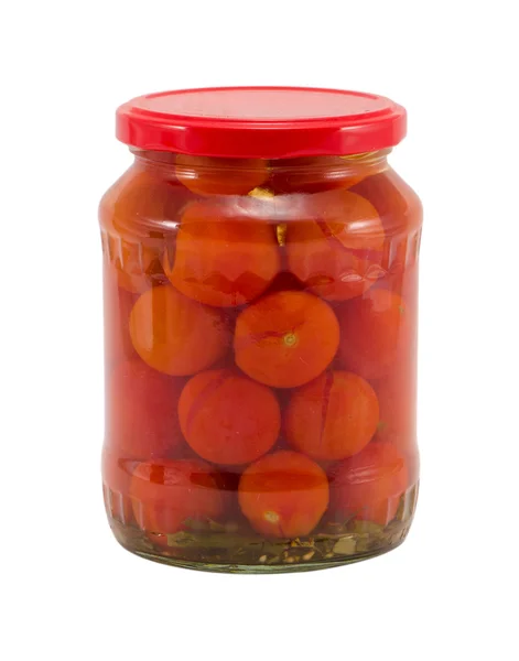 Ecologische tomaten groenten in blik glazen potten — Stockfoto