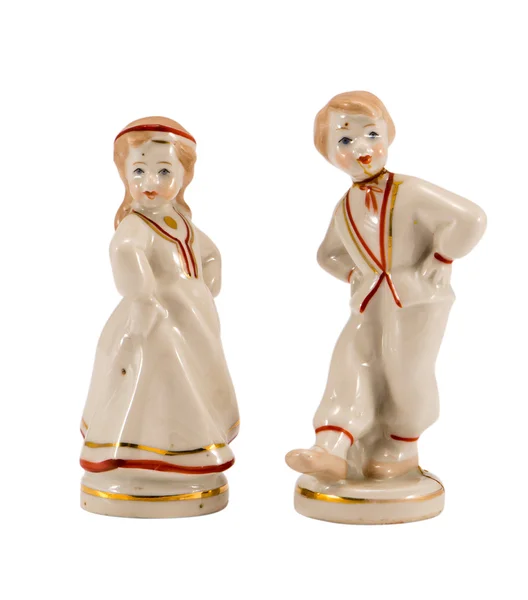 Two ceramic toy decor dancers boy girl on white — Stock Photo, Image