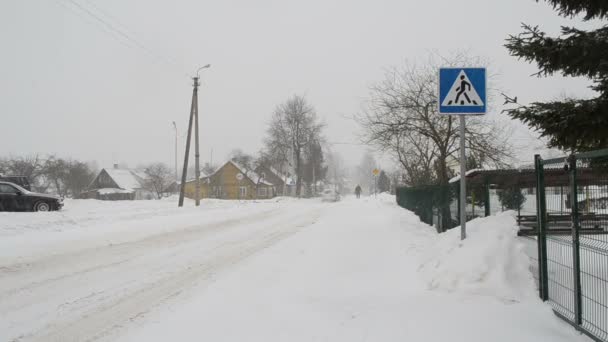 Bilen går vintern snöfall kvinna promenad gatan zebra cross — Stockvideo