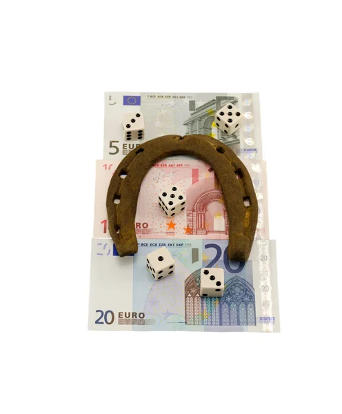 Dés de jeu euro cash rétro fer à cheval isolé — Photo