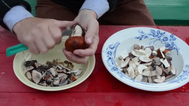 homme mains propres orange chapeau champignons couteau sur table en bois 