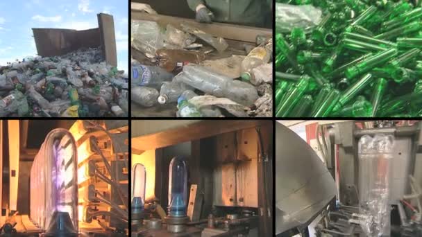 Kolaż montaż butelek pet recykling przemysłowy zakład produkcyjny — Wideo stockowe