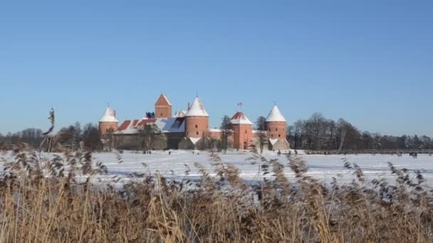 Vue lac gelé touristes recréer fortification Trakai — Video