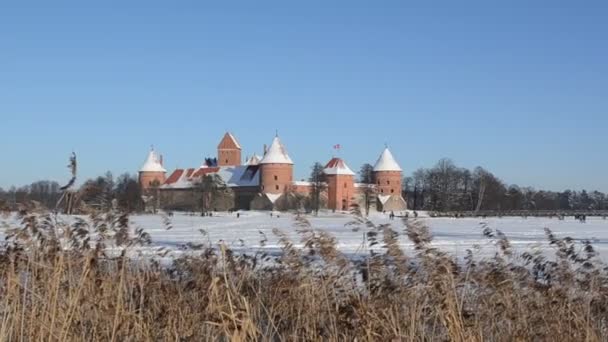 Görünüm donmuş göl turistler sur trakai yeniden oluşturun. — Stok video