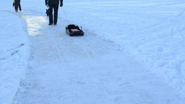 Człowiek, rodzina wyciągnąć puste sanki kobieta matka dziecko syn jezioro zima — Wideo stockowe