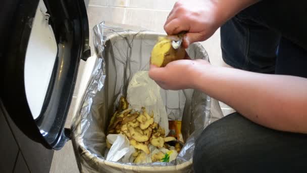 Man hands peel potatoes. paring fall into waste bin — Stock Video