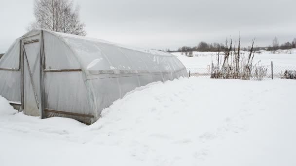 Homemade polythene greenhouse snow rotten apples winter garden — Stock Video