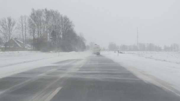 Janela do carro vista inverno. neve cair forte vento nevasca beira da estrada — Vídeo de Stock