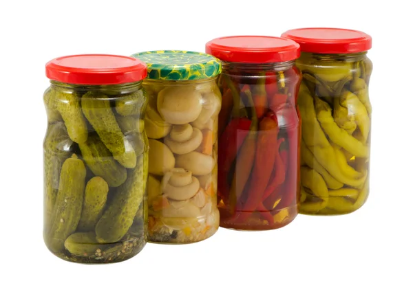 Mushroom peppers cucumbers canned glass jar pot — Stock Photo, Image