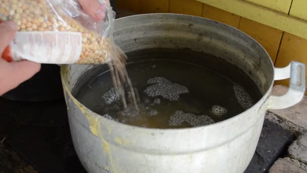 Cerca mano verter guisante grande olla de acero stand retro cocina de ladrillo rural — Vídeo de stock