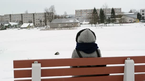 Kvinna bänk hus frusen snö floden stranden rök skorstenen vinter — Stockvideo