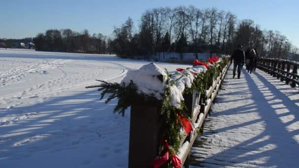 Nad jeziorem drewniany most Bożego Narodzenia ozdoba spacer zimą — Wideo stockowe