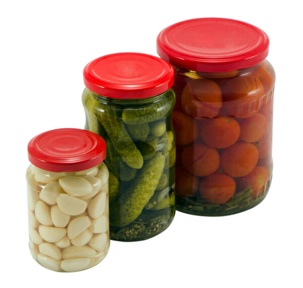garlic cucumber tomatoes canned glass jar pot