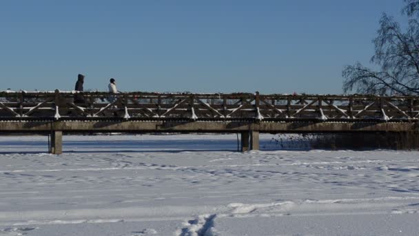 Puente de madera congelado lago río turista paseo invierno — Vídeo de stock