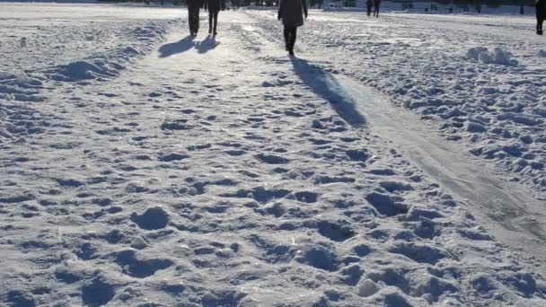 Recreate park woman sliding frozen ice evening shadows — Stock Video