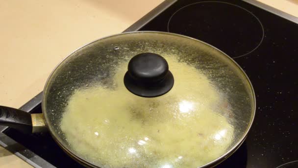 Panqueques de patatas para hornear con carne. tapa de la sartén abierta — Vídeos de Stock