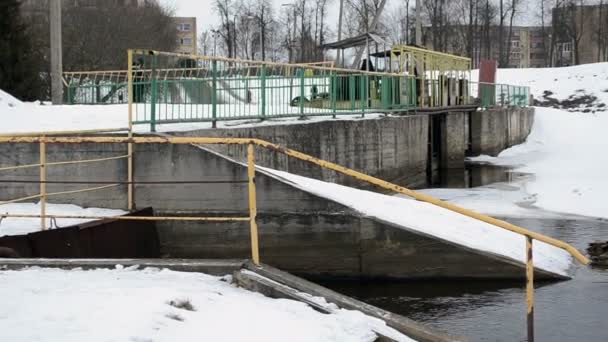 Chodzić kaczki ptaków pływać rzeka starodawny dam zima woda śnieg — Wideo stockowe