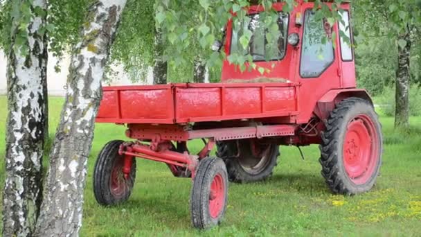 tracteur rouge rétro stand près de bouleaux et serre hothouse 