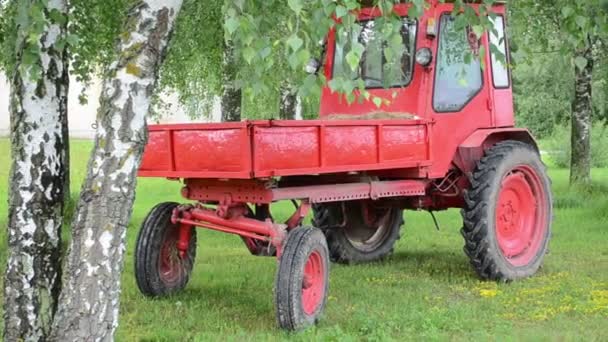 Retro červený traktor stojí poblíž břízy a skleníku skleník — Stock video