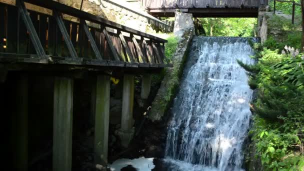Brook stream flow run through old retro water mill cascade — Stock Video